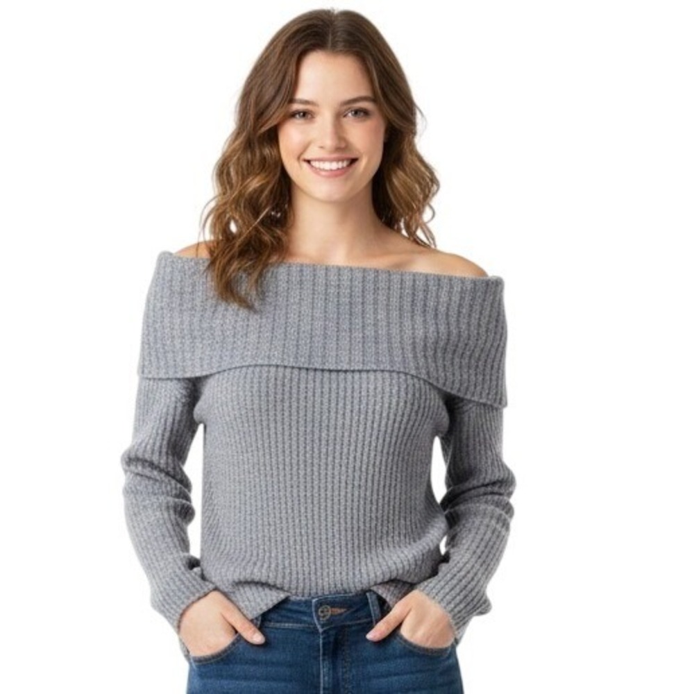 Guess Sweater Womens Large Gray Off Shoulder Foldover‎ Ribbed Knit Long Sleeve